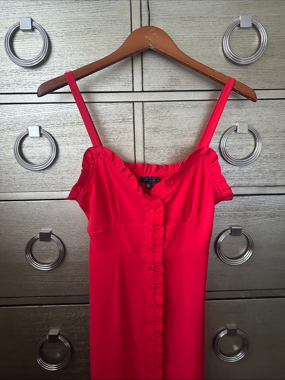 🛍️SALE🛍️ Topshop Red Ruffle-Trim Button Front Dress - Picture 9 of 9